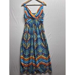 New Directions Women’s Petite Medium Geometric Aztec Summer Sundress Blue Yellow